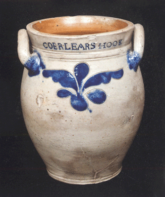 This rare 2-gallon ovoid stoneware jar with incised foliate decoration and stamped "Coerlears Hook†and "N. York,†late Eighteenth Century, exceeded its high estimate, selling for $24,150 to a Midwest collector bidding by phone. 