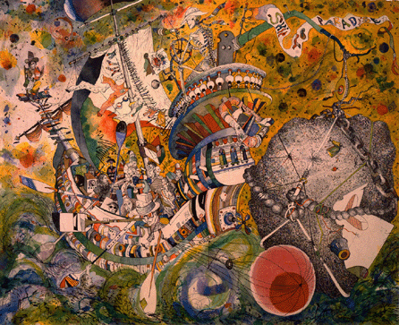 Robert S. Neuman, "Ship to Paradise (Encumbered by a Great Rock),†1987, mixed media on paper 20 by 25 inches. Image courtesy Allan Stone Gallery, New York City.