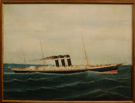 The 1889 Antonio Jacobsen portrait of a three masted and three stack steamer sold for $7,800.