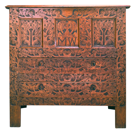 An oak and pine Hadley chest, circa 1700, was made by a joiner from the Hadley area for Martha Williams of Hatfield, Mass., who married Edward Partridge in 1707.