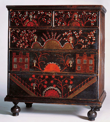 An early Eighteenth Century (1700‱725) Harvard chest in pine was made in Essex County, Mass. New construction methods are evident: the drawers are dovetailed and they slide on the bottom edge of the drawer side. Such a chest was called a Harvard chest for the colorful painted images on a black ground depicting buildings at Harvard College. 