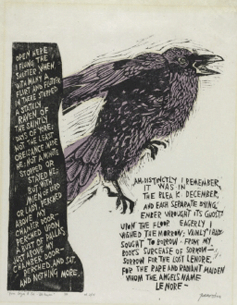 Antonio Frasconi (American, b Argentina, 1919), "The Raven IV,†1959, color woodcut, 16¾ by 13¾ inches, illustration for The Face of Edgar Allan Poe. Woodcuts by Antonio Frasconi, with a note on Poe by Charles Baudelaire (1959), gift of Sylvia Cordish, Baltimore, Baltimore Museum of Art; art ©Antonio Frasconi/Licensed by VAGA, New York City. ⁍itro Hood photo