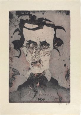 Horst Janssen (German, 1929‱995), "Portrait of Edgar Allan Poe,†1988, color etching, 27 by 19 inches, purchased in memory of Alice Bolger with funds contributed by her friends, staff and board of trustees of the Baltimore Museum of Art. ©2012 Artists Rights Society (ARS), New York / VG Bild-Kunst, Bonn. ⁍itro Hood photo