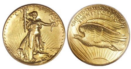 This rare example of the 1907 ultra high relief double eagle sold for $1,057,500. 