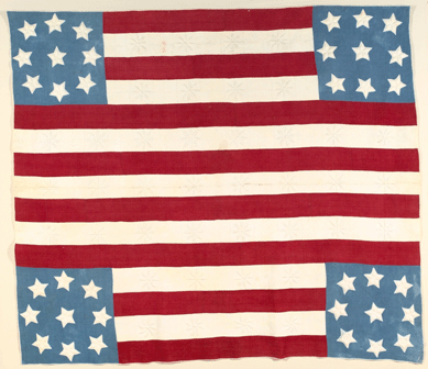 The secessionist quilt was made by Mrs Green McPhearson of West Point in White County, Ark. Thirteen stars indicate the quilt was made after 1861, when Kentucky and Missouri joined the secessionist states. The maker used eight-pointed stars and disregarded the three-bar design of the Confederate flag in favor of 15. The nine white stars in each corner signify Arkansas as the ninth state to secede.