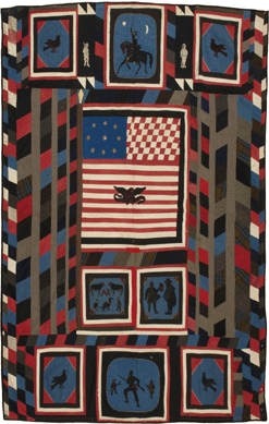 The pieced and appliqué wool quilt was made from zouave uniform fabrics around 1865, perhaps for a soldier returning home. The fabrics are consistent with those found in Union zouave uniforms from the Schuylkill Arsenal in Philadelphia. The heroism and dashing repute of zouave soldiers and their exotic uniforms was highly popular in the mid-Nineteenth Century.
