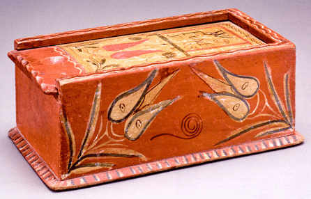 Decorated with red and yellow tulips on a tomato-red ground, this 10¾-inch-long slide-lid box dated 1795 sold to Downingtown, Penn., dealer Philip Bradley for $83,780, including premium. Inscribed to W. Funck, the box is attributed to Bucks County artist John Drissell (1762‱846), who is credited with eight similar examples. Previously in the collection of Richard and Rosemary Machmer, Pook & Pook auctioned the box in 2008 for $49,140. 