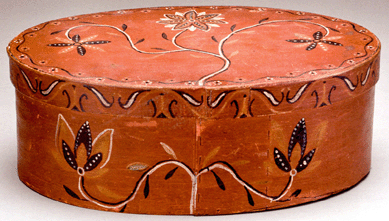 Painted with tulips on a red ground, this 14¼-inch-long oval storage box is inscribed on the underside of its lid by Jacob Barb Jr (1811‱864) of Shenandoah County, Va., and dated 1831. Closely related boxes are in the collections of the Philadelphia Museum of Art and Colonial Williamsburg. David Schorsch bought it at Pook's 2007 sale of the Shelley collection for $70,200. He reacquired it at Northeast for $68,440.