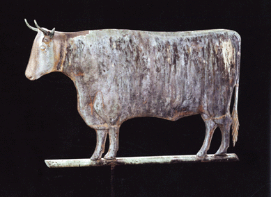 Among the weathervanes in the collection was this molded copper steer, Cushing & White, Waltham, Mass., 20 inches high and 29½ inches long with a verdigris surface, applied copper ears, zinc head horns and tail, on metal stand. It came from a sale at Douglas Auctioneers and was estimated at $7/9,000. It realized $21,330.