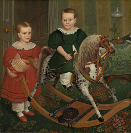 The centerpiece of the exhibition, "The Hobby Horse,†circa 1840, was found in an antiques store in Billerica, Mass., outside Boston, and was given by Edgar William and Bernice Chrysler Garbisch to the National Gallery of Art with its artist unknown. Curator Deborah Chotner's quest for attribution was aided by dating the clothing, the "modern†lamp and elegant furnishings to around 1840, and especially the grand rocking horse that reflected a prosperous household. Finally traced to Peckham, his masterwork measures 40¾ by 40 inches. National Gallery of Art, gift of Edgar William and Bernice Chrysler Garbisch. 