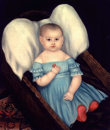 Specializing in children's portraits, standing, sitting or lying, Joseph Whiting Stock in "Baby in Wicker Basket,†circa 1840, depicted a well-dressed, placid child whose dress and the carpet on the floor suggest a prosperous home. The child's angelic behavior or prior death may explain the pillow that makes him or her seem to be sprouting wings. National Gallery of Art, gift of Edgar William and Bernice Chrysler Garbisch.