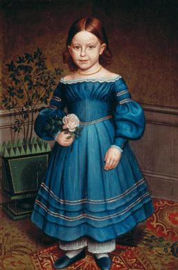 "Rosa Heywood,†circa 1840, is the picture of contentment as Peckham depicts her in a pretty party dress, clutching a rose and engaging the viewer directly and intently. "The children Peckham depicted,†says Chotner, "came from families that both created and enjoyed the burgeoning wealth of consumer goods in antebellum New England, a number of which are visible in his paintings.†The Colonial Williamsburg Foundation.
