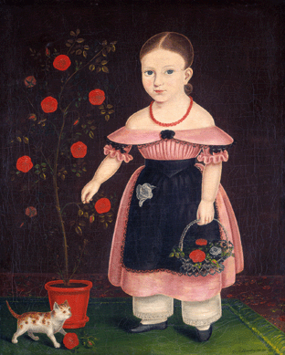 It is hard to resist this adorable circa 1840 portrait, "Little Girl in Lavender,†by British-born John Bradley, who painted in the New York City region, 1831‱847. He often included domestic cats and made bold color choices as in the vivid red blooms in this portrait. The setting and the subject's expression offer insights into the youngster's persona and easy lifestyle. National Gallery of Art, gift of Edgar William and Bernice Chrysler Garbisch.