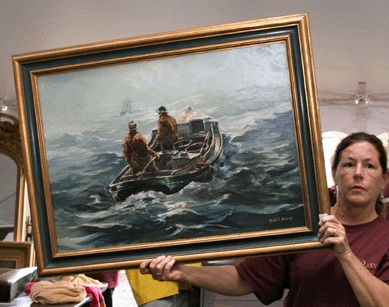 Nova Scotia-born artist Jack Lorimer Gray (1927‱981) commands steady attention for his Homer-like depictions of men at sea. Bearing the exhibition label of the Nova Scotia Society of Artists, the signed oil on canvas board painting "The Bell Buoy†went to Glenn Randall for $28,750.