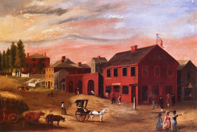 This oil on canvas by William Allen Wall (Bedford, Mass., 1801‱885), "Old Four Corners, The Junction of Union and Water Streets, New Bedford, Mass.,†unsigned, 22¼ by 33 inches, sold for $45,938. The estimate was $75/150,000. Wall painted this scene to depict the way it appeared circa 1807.