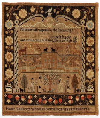 The Mary Balch School, Providence, R.I., needlework sampler by Mary Talbots, Providence, September 1796, is stitched with silk threads on linen and measures 16½ by 14 inches, in a later frame. The provenance lists "by family descent of the maker,†and it sold in the middle of the $30/50,000 estimate at $41,475.