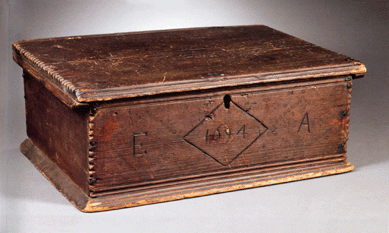 The carved and red stained pine box, probably Massachusetts, late Seventeenth Century, the initials "E†and "A†carved into the front, 9½ inches high, 23½ inches wide and 16½ inches deep, sold for $28,440 against a high estimate of $15,000. The provenance lists B.A. Behrend, according to Wallace Nutting, and later purchased by a collector from Roger Bacon, Exeter, N.H., in 1970.