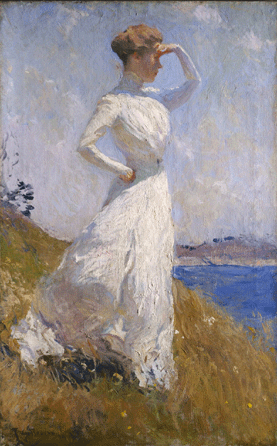 In this quintessential image of sun-filled land, sea and beauty, "Sunlight,†1909, Benson painted his white-gowned daughter Eleanor standing on a hillside shielding her eyes against bright Maine sun. As one observer wrote of the artist's North Haven pictures, "It is impossible to believe that mere paint, however cleverly laid on, can glow and shimmer and sparkle as does that golden light on his canvas.†Indianapolis Museum of Art.