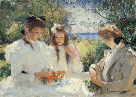 Six years after he began summering on North Haven, Benson painted "Portrait of My Daughters,†1907, showing Elisabeth holding a basket of flowers with her little sister Sylvia looking on and oldest sister Eleanor, right, seemingly lost in thought. They posed on a bench on the broad, flat piazza across the front of the Wooster Farmhouse, with trees, land and the sea beyond, an iconic evocation of a sun-kissed day on a Maine island. Worcester Art Museum.