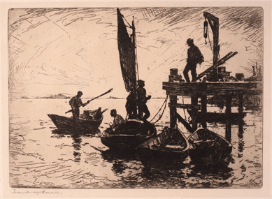 "Boats at Dawn,†a 1920 etching, depicts an early morning scene as North Haven fishermen prepare to go out into Penobscot Bay to see what their trawl line has caught overnight. Benson's stark use of silhouetted figures and workboats against the rising sun underscores the hardiness and dedication of the island's fisherfolk. Measuring 7 7/8 by 10 7/8 inches, this etching is from the Farnsworth Art Museum collection.