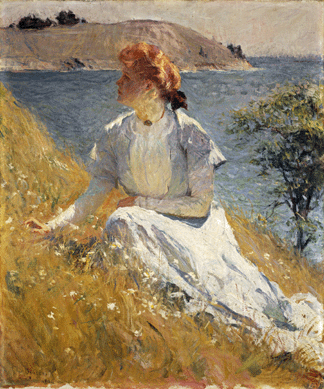 "Margaret 'Gretchen' Strong,†1909, is a painting of a neighbor's daughter, based on her pose on a hillside for a group portrait earlier. It reflects Benson's fascination with light and his ability to exploit its qualities in glorious summer paintings on North Haven. This oil on canvas, 30¼ by 25¼ inches, is from the National Gallery of Art.