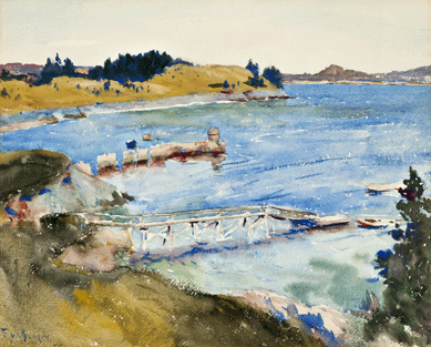 In one of his earliest watercolors, "Our Cove,†1922, Benson depicted the family wharf and their neighbor's dock jutting into Wooster Cove. His ability to capture the atmosphere of the site in broad, generalized brush strokes adds to the appeal of the work. Private collection.