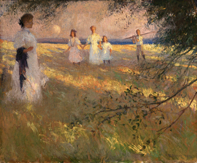 In his only known painting of his entire family, "Evening Light,†1908, Benson showed his wife Ellen holding hands with Elisabeth and little Sylvia, alongside George carrying his fishing pole, while Eleanor waits in the foreground. In spite of the work's golden-hued, hazy late afternoon light, the figures are clearly defined, in line with the artist's academic training. Cincinnati Art Museum.