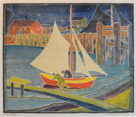 The star lot of the sale came as a Blanche Lazzell white-line color woodcut print, "Sail Boat,†was offered. Depicting two men about to launch a sailboat from the shoreline between piers, the colorful print, measuring 13½ by 11 inches, was titled on the lower left in pencil and signed lower right and dated 1931. From an edition of eight, the iconic woodblock print was dominated by blue water and skies, with the red and yellow sailing vessel in the foreground. Presale interest was keen, and as the lot opened for bidding, Eldred moved back and forth between the crowd and the telephones, with the lot finishing at $106,200.