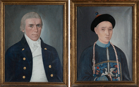 The pair of oil on canvas portraits by China Trade artist Spoilum, circa 1802, of Captain James Cary of Nantucket and Cantonese hong merchant Chung Qua attained $401,000. 