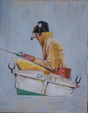 Provincetown School artist H. Heitkamp was perhaps channeling Norman Rockwell in this humorous 1946 depiction of a weekend angler. The piece was available from David Hughes, Vicksburg, Miss., who has collected paintings, photos and folk art for 30 years.