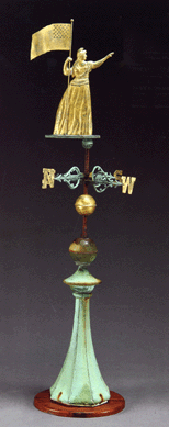 Dating from the second half of the Nineteenth Century is this Goddess of Liberty copper weathervane, attributed to Cushing & White, and based on a design by A.L. Jewell, Waltham, Mass. With pierced stars, the vane measures 69¼ inches high, including the plinth, with the figure alone measuring 20¾ inches high. It realized $32,500.
