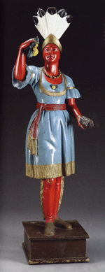 Several cigar store figures were in the sale, including lot 2239, a carved and painted figure dating from the second half of the Nineteenth Century, American, 78 inches tall overall. The maiden holds a cluster of berries and a flower in her right hand and a bunch of cigars in the left. The Indian sold for $31,050, well above the $10,000 high estimate.