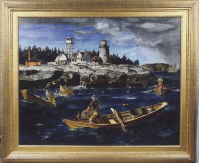 Andrew George Winter's (1893‱958), "Happy Lobstering Ground, Whitehead Island, Lower Penobscot Bay,†is signed lower right and dated 1940, with gilt molded frame. The oil on canvas measures 39½ by 49½ inches sight and went well over the high estimate of $35,000, realizing $54,050.