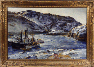 "Monhegan Winter Fleet,†one of the works by Andrew George Winter in the sale, depicting the harbor view across to Manana from the island pier, 20 by 30 inches sight, oil on canvas, sold above the $20,000 estimate for $32,200.