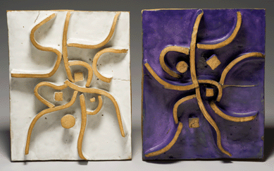 Stoneware tiles by Wildenhain, both reduction fired, white: 15 by 20 by 3¼ inches; purple: 16 by 20 by 3¾ inches. Wildenhain won a 1958 Guggenheim Foundation Fellowship to study the association between architecture and ceramics. He produced both tiled mosaics and ceramic wall pieces. Photo ©2012 by A. Sue Weisler.