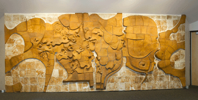 Completed in 1971, "Allegory of a Landscape,†an 8-by-28-foot mural by Frans Wildenhain (1905‱980), is an abstract ceramic wall piece commissioned by Aileen Webb for the entrance of an auditorium at Rochester Institute of Technology, Rochester, N.Y. Photo ©2012 by A. Sue Weisler.