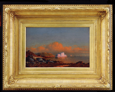 "Icebergs in Henley Harbor, Labrador,†an outstanding oil on artist's board by William Bradford (American, 1823‱892), is signed lower right and housed in a fabulous period gesso decorated frame with gilt liner. It measures 9 by 14 inches, is in very good condition with minor touch-up, and sold for $57,500, just under the high estimate.