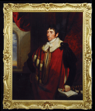 John Hoppner (British, 1758‱810), "George Third Earl of Ashburnham,†large, unsigned, oil on canvas three-quarter portrait of a gentleman in red robe standing in front of a red curtain, his left hand resting on a folded document. It is in its original frame, which has been resurfaced with gold paint. It retains the original artist's plaque and measures 50 by 40 inches. It sold for $34,500.