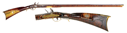 A .50 caliber octagonal barrel long rifle with tiger maple stock made by Nicholas Beyer, Annville Township, Lebanon County, Penn., circa 1790. Beyer is considered one of the most important folk artists of all Pennsylvania gunsmiths, incorporating such designs as the peafowl decorated patch box. Collection of Landis Valley Village & Farm Museum.