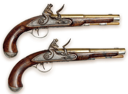 Silver-mounted American flintlock pistols are rare. This pair with cast silver furniture in the English style were made by Jacob Sees, Elizabeth Township, Penn., circa 1790. Collection of Kelly Kinzle.