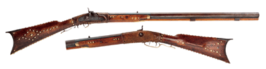One of four large manufacturers of firearms in Pennsylvania, H.E. Leman, Lancaster Borough, Penn., made this Indian trade .50 caliber long rifle circa 1830. The brass tacks would have been added at a later date by its Native American owner. Collection of Landis Valley Village & Farm Museum.