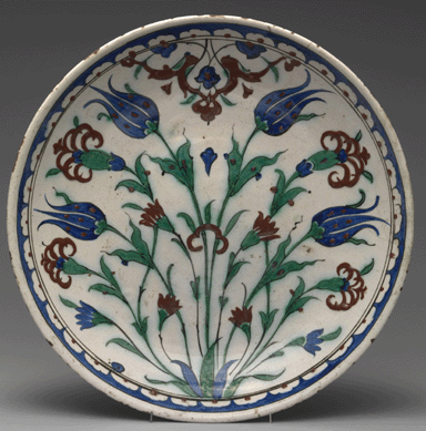 Dish with a design of blue tulips and red honeysuckle, Iznik, circa 1600, Metropolitan Museum of Art; gift of William B. Osgood Field, 1902.