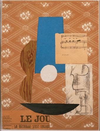 Pablo Picasso, "Guitar, Sheet Music, and Glass,†1912, sheet music, newspaper, colored and white paper, charcoal and handpainted faux-bois paper on wallpaper; 187/8 by 143/8 inches. Collection of the McNay Art Museum, bequest of Marion Koogler McNay.