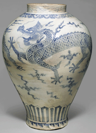 Top lot of the sale of Japanese and Korean art was this monumental blue and white porcelain dragon jar, Joseon dynasty (Eighteenth Century) realizing $3,218,500.