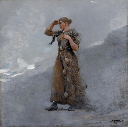 The theme of sturdy fisherwomen silhouetted on shore looking out to sea, which Homer had begun on the North Sea in England, was continued at Prouts Neck with the help of local models. In "The Fisher Girl,†1894, he posed Ida Meserve along the rocks below his studio with ledges in the background, wrapped in coastal mist. Mead Art Museum, Amherst College, gift of George D. Platt (Class of 1893).
