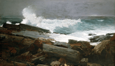 After a decade at Prouts Neck, Homer's close observation and direct experience with the Atlantic Ocean at his doorstep led to a series of dramatic paintings, like "Weatherbeaten,†the star of the Portland exhibition. Sited on rocks near his studio, it depicts in forceful terms and in a beautifully composed canvas an angry confrontation between thundering surf and solid rocks. Portland Museum of Art, bequest of Charles Shipman Payson.