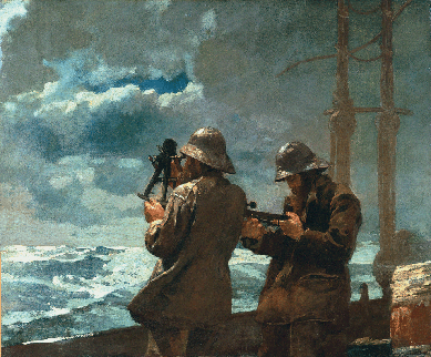 In terms of Homer's arrangement of figures, assured depiction of waves and clouds and conveyance of a narrative that a storm has just passed and the men, still in foul-weather gear, are taking an observation to fix their ship's position, "Eight Bells,†1886, is a classic. "The perfect harmony of the rich blue tonal scheme, the bold handling of the fatty paint and the incredibly wide range of chiaroscuro make the picture a delight,†said Homer authority Philip C. Beam.