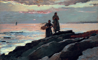 Against a gorgeous, pink-tinted sky, hardy local women posed for "Saco Bay,†1896, one of a series Homer painted on the rocks below his studio in Prouts Neck. An oil on canvas measuring 23 13/16 by 37 15/16 inches, it is in the collection of the Sterling and Francine Clark Art Institute