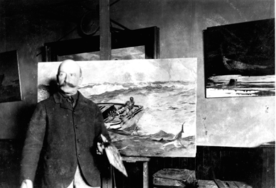 In the only known photograph in the painting room of his studio, Homer posed, palette in hand, while touching up his celebrated tropical picture, "Gulf Stream,†1899. While much of his painting was outdoors, he said that "I go over them [canvases] in the studio and put them in shape.†Unknown artist, "Photograph: Winslow Homer with 'The Gulf Stream' in his studio at Prouts Neck, Maine,†circa 1900. Bowdoin College Museum of Art, gift of the Homer family.
