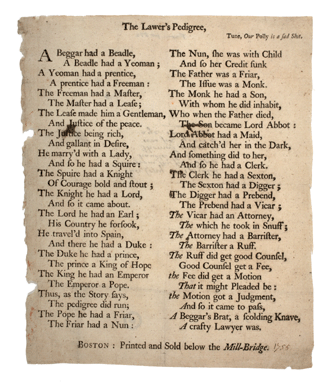 Six-year-old printer's apprentice Isaiah Thomas set the type for the broadside ballad "The Lawyer's Pedigree†in 1755. He preserved two copies. 